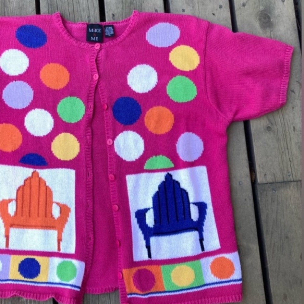VINTAGE Sweater MIKE & ME Pink Blue Short Sleeve Colorful Dots Cotton Size XL